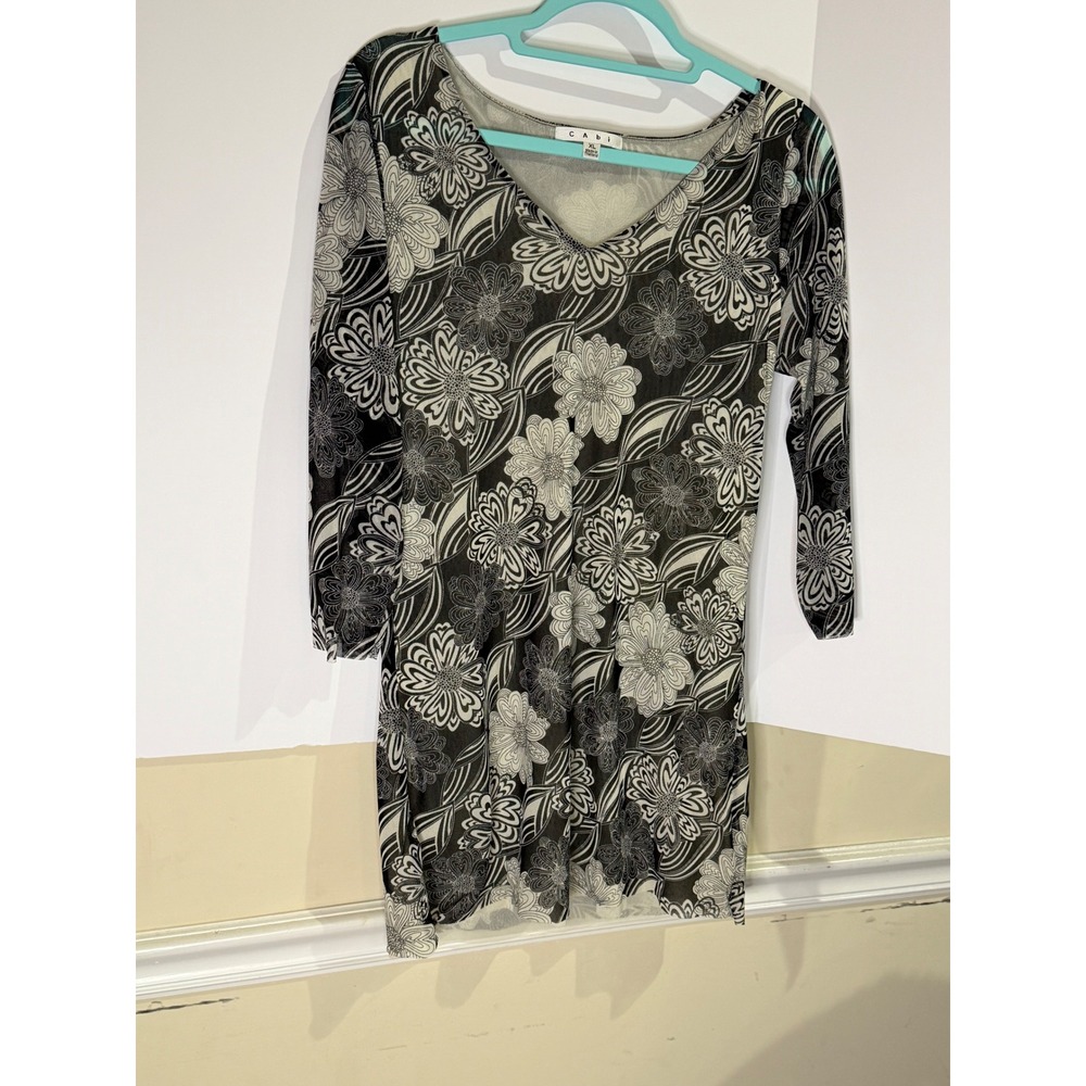 Cabi Womens XL Black White Floral Mesh V-Neck Tunic 3/4 Sleeve Top